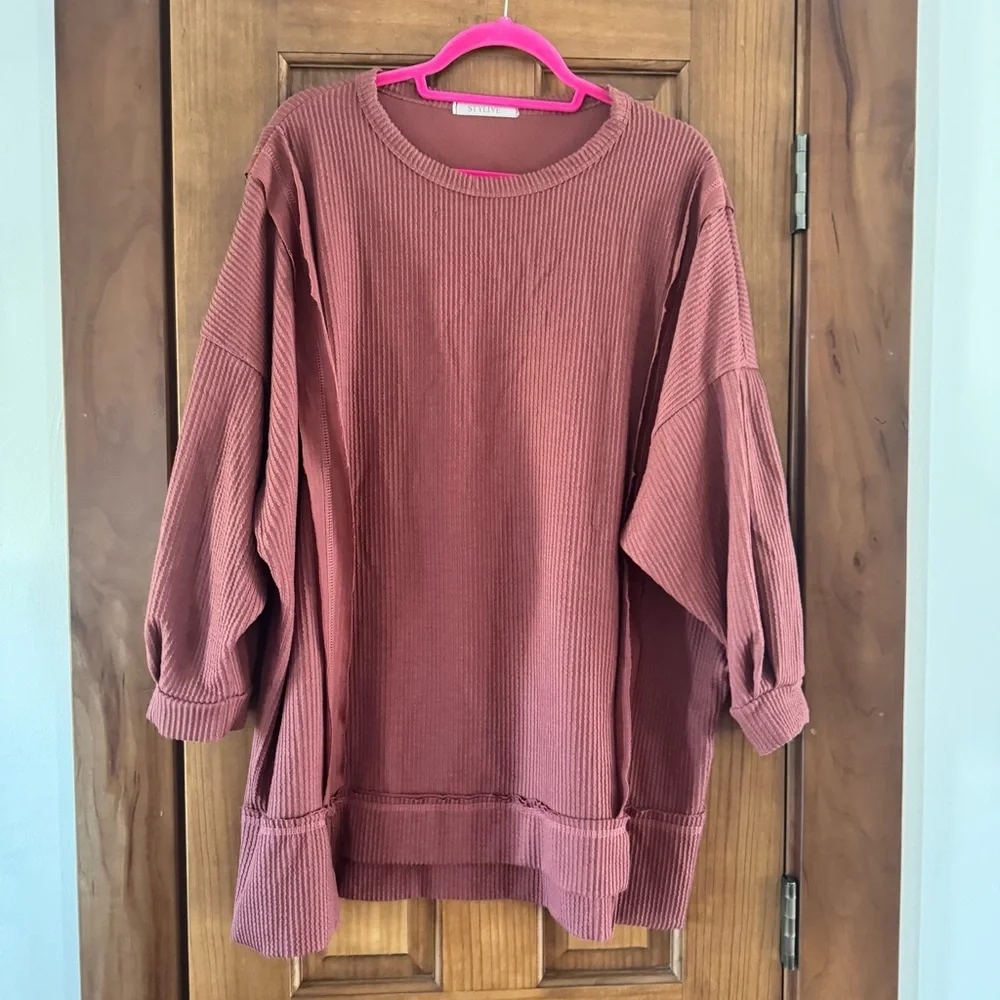 Stylive Boutique Ribbed Pullover Tunic Top Women’s Large Oversized Rust Casual